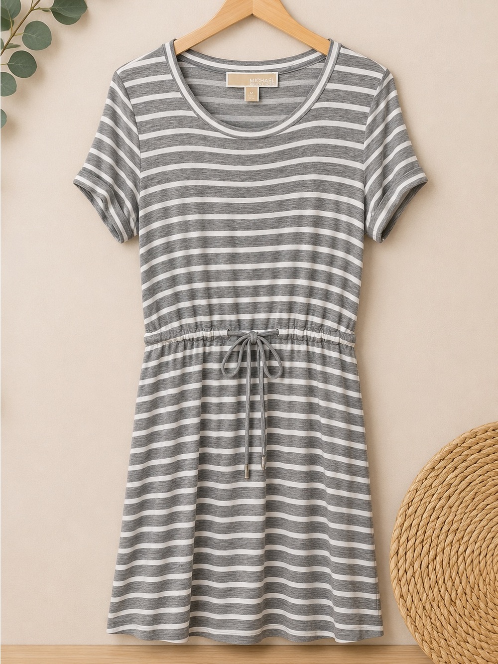 Michael Kors Gray White Striped Drawstring Waist T-Shirt Dress Medium
